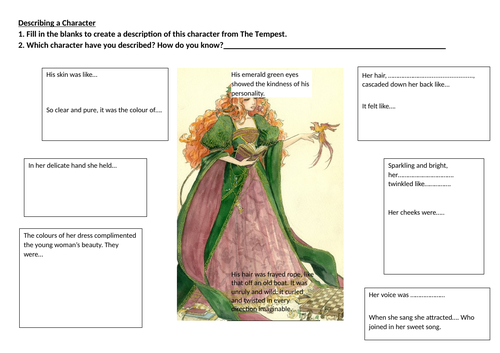 'The Tempest' character descriptions worksheets