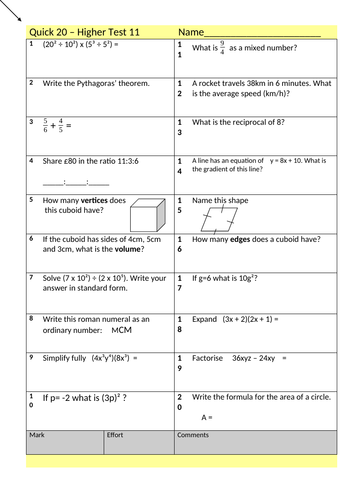 "Quick 20" Higher Bundle tests 11-20. 10 tests with 20 questions (and answers) HIGH ability KS3 KS4