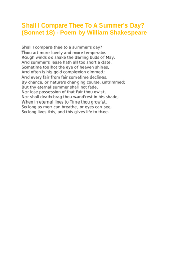 Shall I Compare Thee To A Summer's Day? (Sonnet 18) - Poem by William Shakespeare