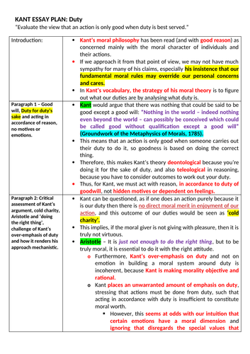 OCR A level Religious Studies - Kantian Ethics Essay Plan