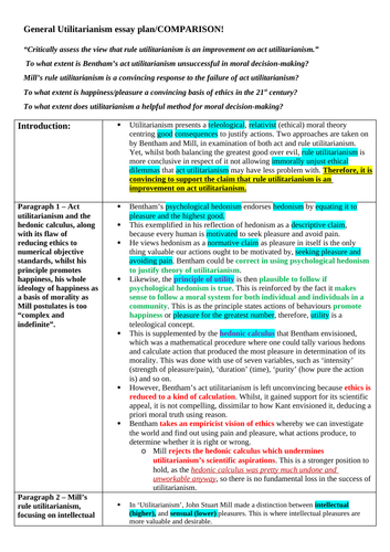 OCR A level Religious Studies - Utilitarianism Essay Plan