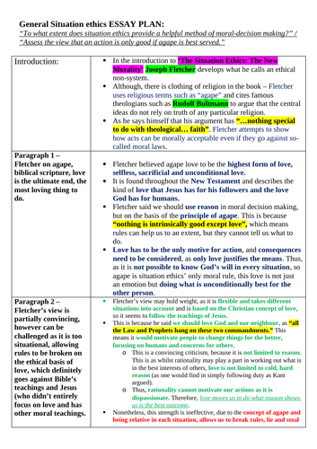 OCR A level Religious Studies - Situation Ethics Essay Plan