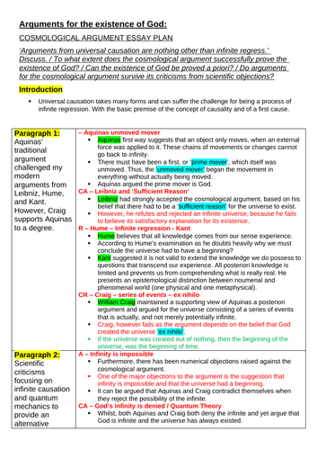 OCR A level Religious Studies : Philosophy of Religion - Arguments from Observation Essay Plan