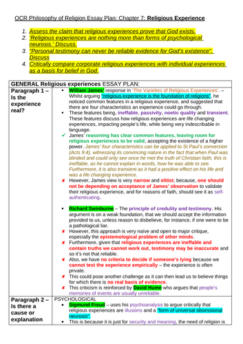 OCR A level Religious Studies : Philosophy of Religion - Religious Experiences Essay Plan