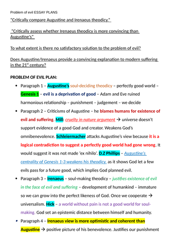 OCR A level Religious Studies : Philosophy of Religion - Problem of Evil Essay Plan