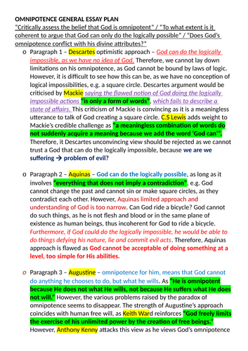 OCR A level Religious Studies : Philosophy of Religion - Attributes of God Essay Plans