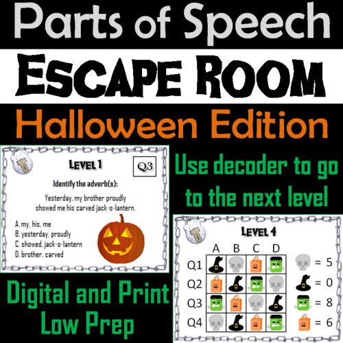 Parts of Speech Activity: Grammar Escape Room Halloween