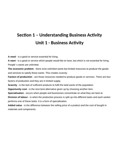 IGCSE - Business Studies - Section 1 - Understanding Business Activity - Work Booklets