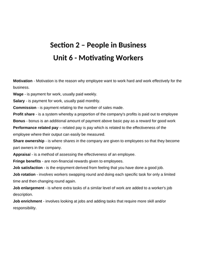 IGCSE - Business Studies - Section 2 - People in Business - Work Booklets