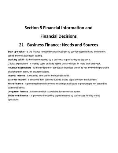 IGCSE - Business Studies - Section 5 - Financial Information and Financial Decisions - Work Booklets