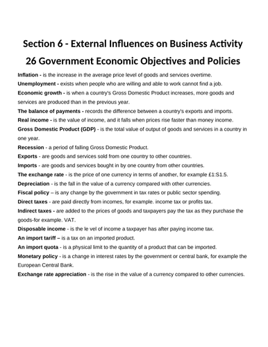 IGCSE - Business Studies - Section 6 - External Influences on Business Activity - Work Booklets