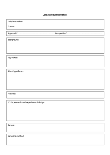 OCR PSYCHOLOGY CORE STUDY SUMMARY SHEET | Teaching Resources