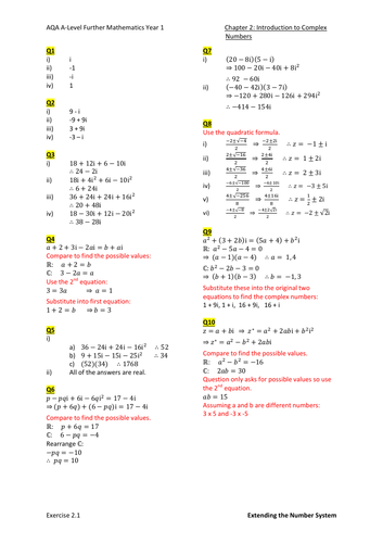 Introduction to Complex Numbers Worked Solutions (New A-level)