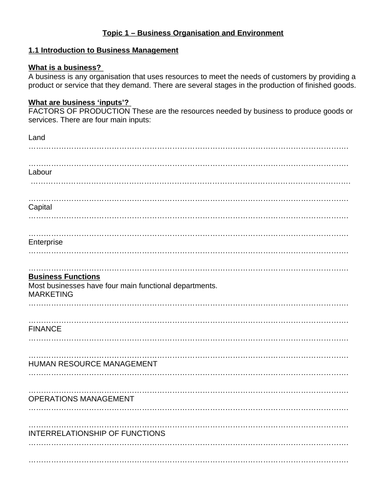 IB Business Management - Unit 1 - Business Organisation and Environment - Worksheets