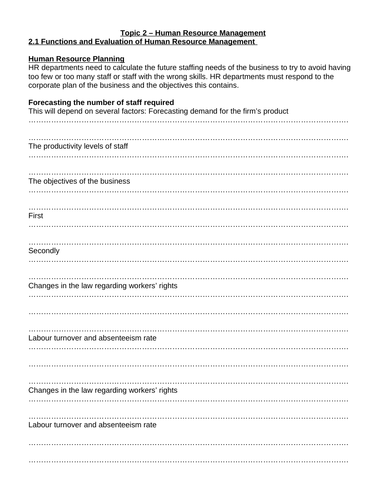IB Business Management - Unit 2 - Human Resource Management – Worksheets