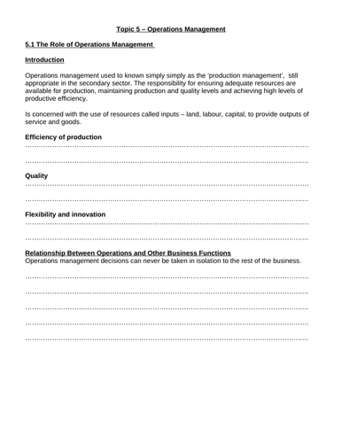 IB Business Management - Unit 5 – Operations Management – Worksheets
