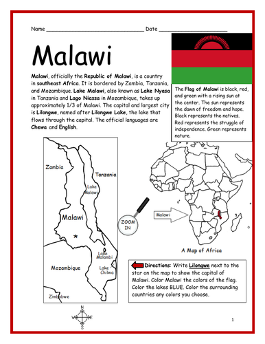 MALAWI - Introductory Geography Worksheet
