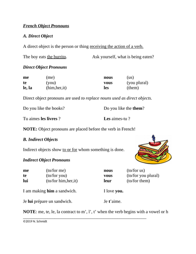 French Direct And Indirect Object Pronouns Handout Worksheet Pronoms Teaching Resources