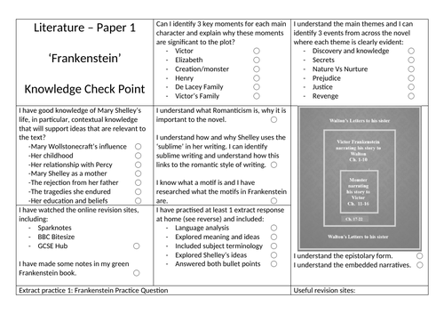 Frankenstein (revision/knowledge organising/exam question/closing gaps) GCSE AQA - PAPER 1