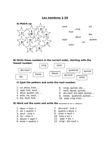 French Numbers 1 20 Worksheets