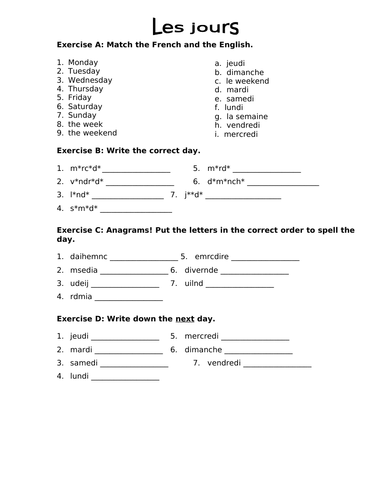 French Days of the week worksheet