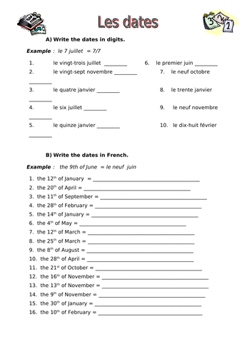 French months and dates worksheet