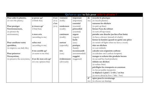 French - aider l'environnement - infinitive structures - sentence builders (speaking - writing)