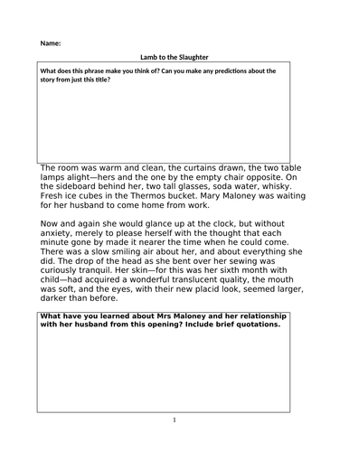 Dahl's story, Lamb to the Slaughter with question prompts and writing activities throughout.