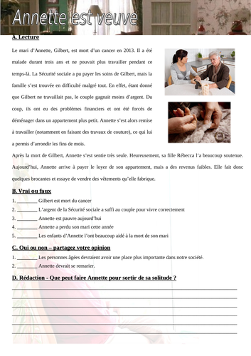 "Annette est veuve" - French comprehension and writing