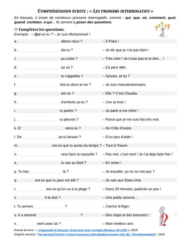 French Interrogative Pronouns - Worksheet (22 sentences with gaps to fill + answers)