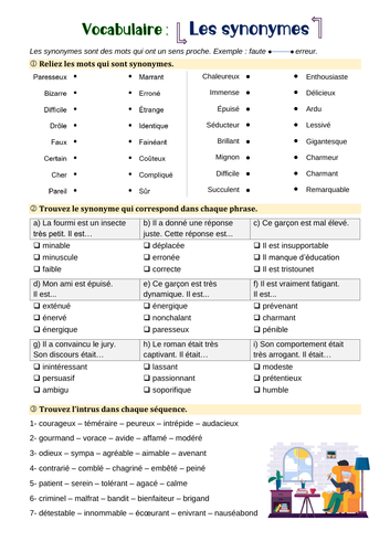 Synonyms In French Les Synonymes Worksheet With 3 Exercises Answers Teaching Resources