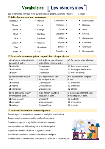 Synonyms in French (les synonymes) - Worksheet with 3 exercises + answers