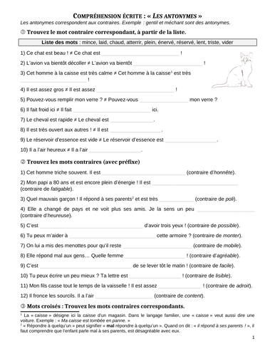 Antonyms Contraries In French Les Antonymes Contraires 3 Exercises With Crossword Puzzle Teaching Resources