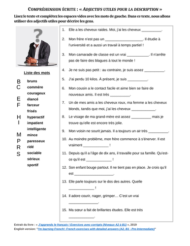 Les adjectifs pour décrire les gens - Useful adjectives to describe people (French worksheet)