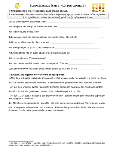 La Personnalite Des Gens Adjectifs Utiles Personality French Worksheet Teaching Resources