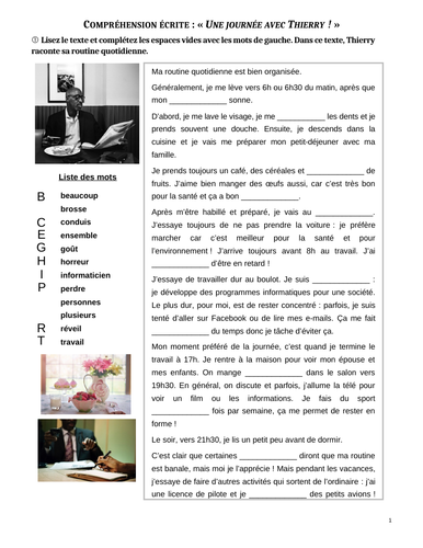 "La routine de Thierry" (Thierry's daily routine). Activities about daily life, 4 exercises+answers