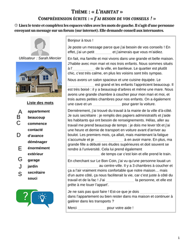 Etude d'un message - Habitat et logement - "Dois-je déménager ?" (4 exercises+answers)