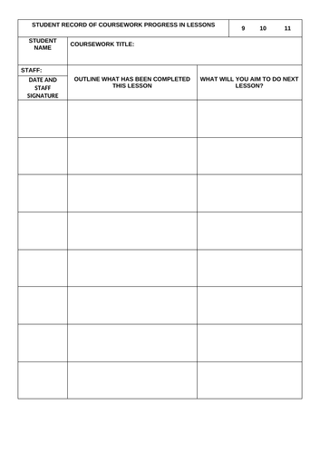 Monitoring sheets for coursework or project work KS4 and KS5