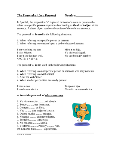 Spanish Personal A Handout + Worksheet - La a personal (SUB PLAN)