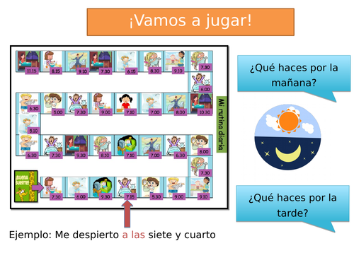 Spanish Game + Presentation to revise DAILY ROUTINE and TIME