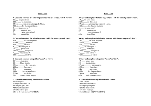 avoir etre practice | Teaching Resources