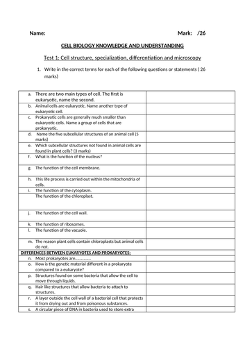 Biology end of topic knowledge test: plants and animal cells for pre ...