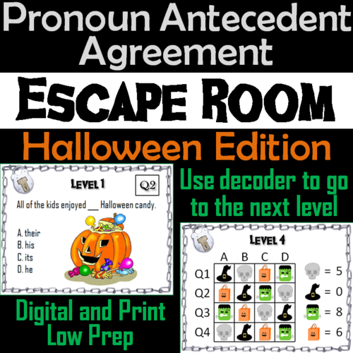 Pronoun Antecedent Agreement Activity: Grammar Escape Room Halloween