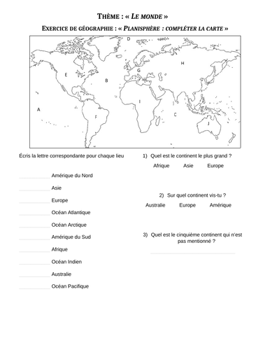 Carte du monde, les continents et océans (World map in French)