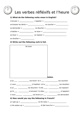 Reflexive Verbs And Time Intensive Worksheet Teaching Resources