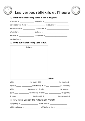 Reflexive verbs and time intensive worksheet