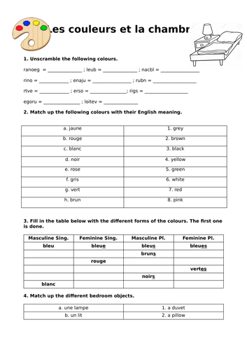 Ma chambre et les couleurs intensive worksheet