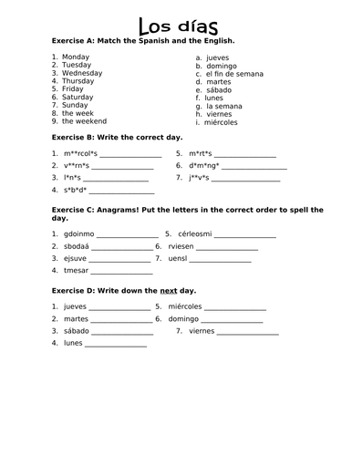 Spanish Days Of The Week Worksheet Teaching Resources