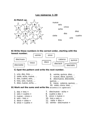 Spanish numbers 1-20 worksheet