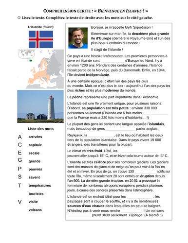 "Bienvenue en Islande !" - 5 exercises with answers around Iceland, its history and culture (French)